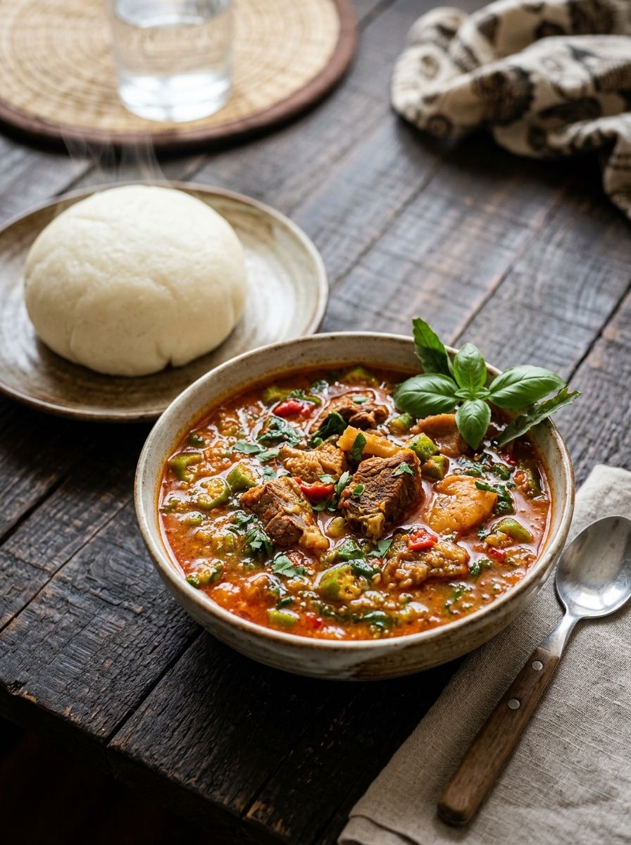 A bowl of rich Nigerian okra soup with assorted meats and a mound of pounded yam